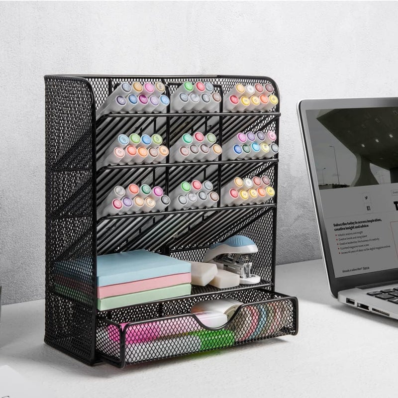 Spacrea Metal Pen Organizer, Pencil Holder for Desk, Desk Organizer with Drawer for School, Home, Art Supplies (Black) - Image 5